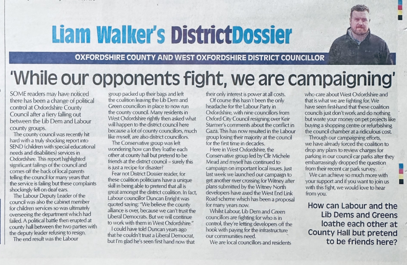 Cllr Liam Walker's Witney Gazette November DistrictDossier Piece